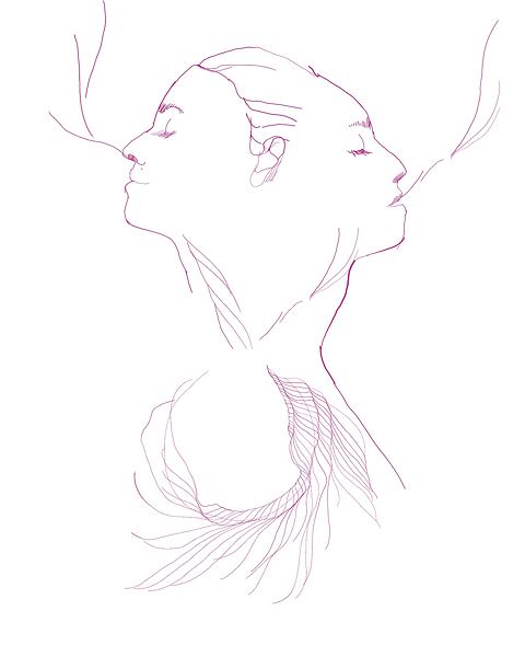 Ilustrácia dvoch žien, ktoré sú k sebe otočené chrbtom a majú mierne prepletené hlavy. Ich ústa sú otvorené a vychádza z nich vzduch.